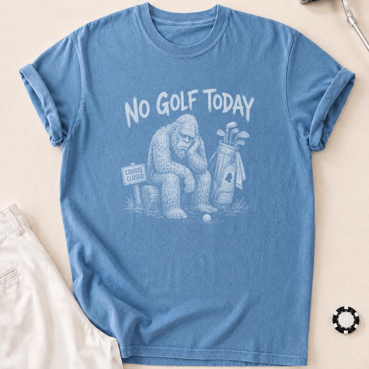 Course Closed, Bigfoot Bummed Golf Tee T-Shirt - Blue Jean