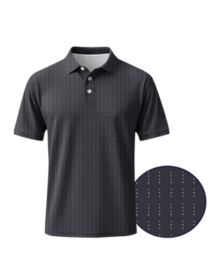 Black patterned polo shirt with close-up detail on a white background