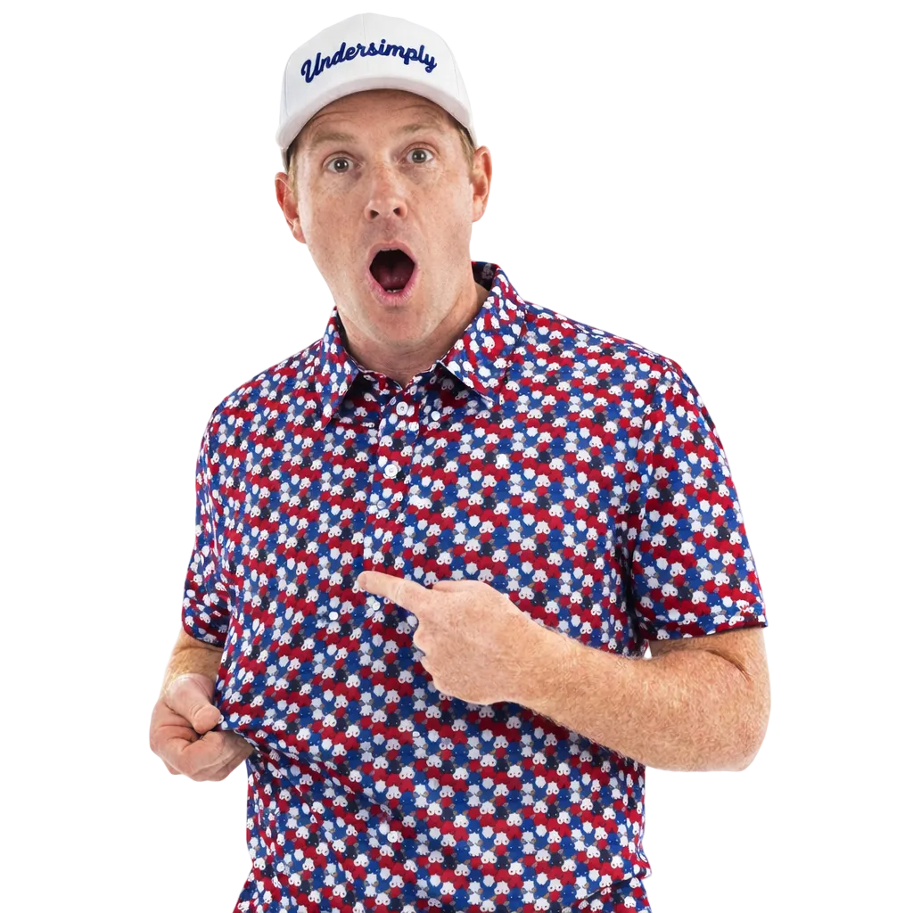 Man wearing a red, white, and blue patterned shirt with a white cap on a white background