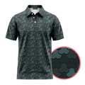 Dark gray polo shirt with green pattern on a white background
