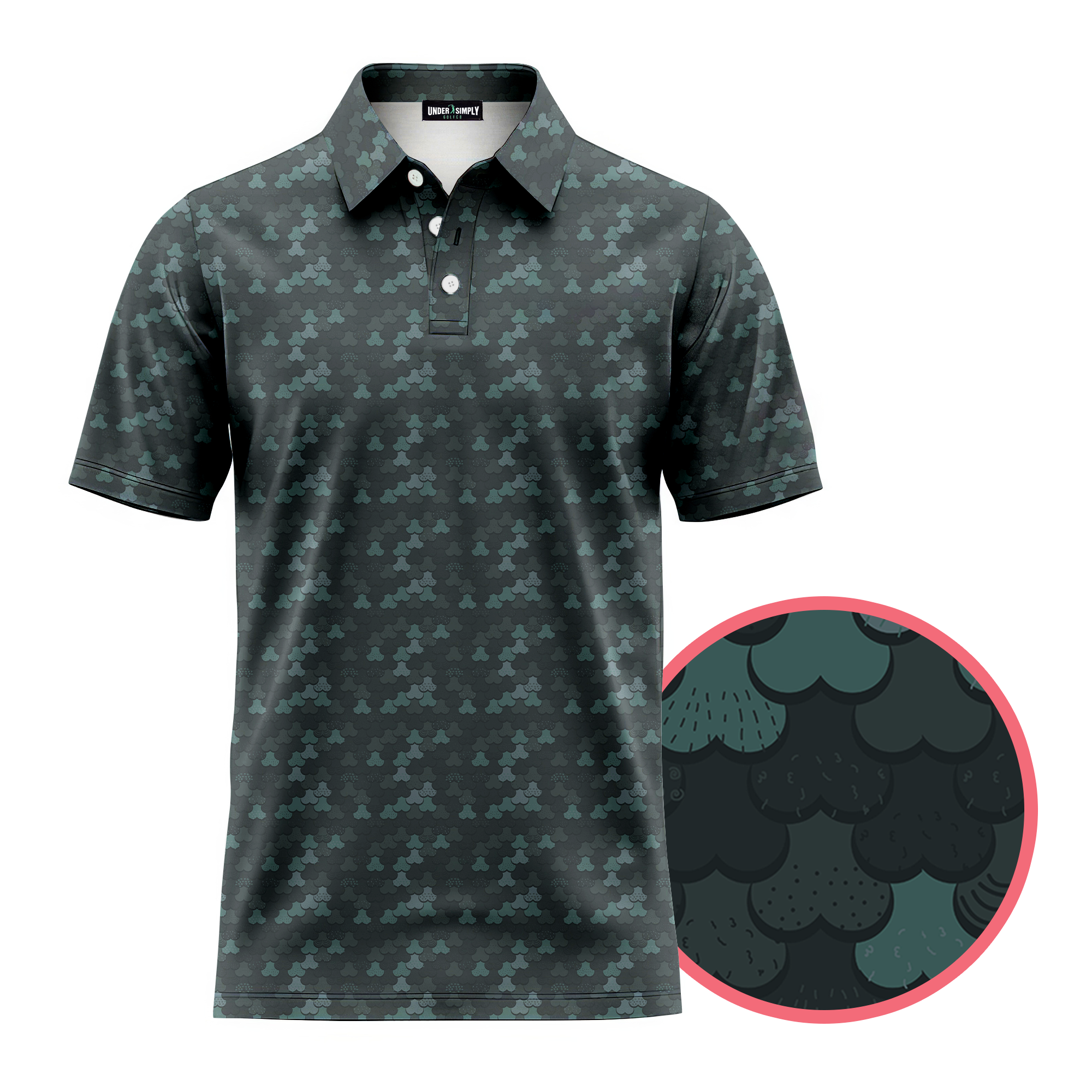 Dark gray polo shirt with green pattern on a white background